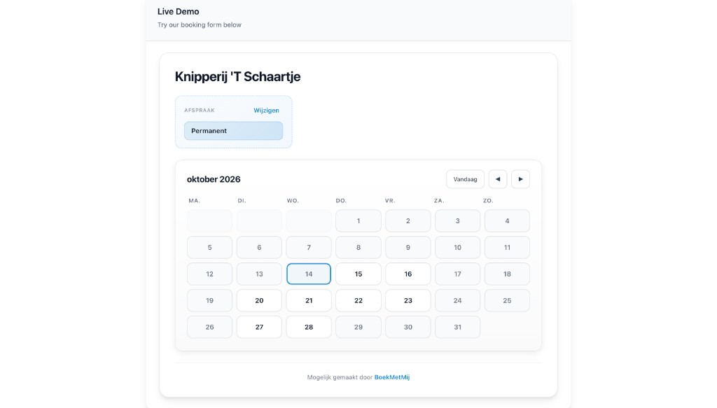 Boek met Mij booking form with calendar and service selection